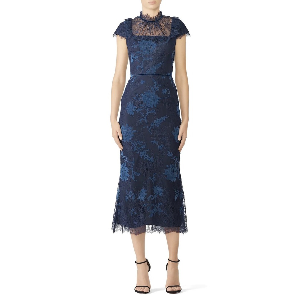 Marchesa Notte Navy Flocked Lace Bib Dress Sheath Midi Dress Size 8